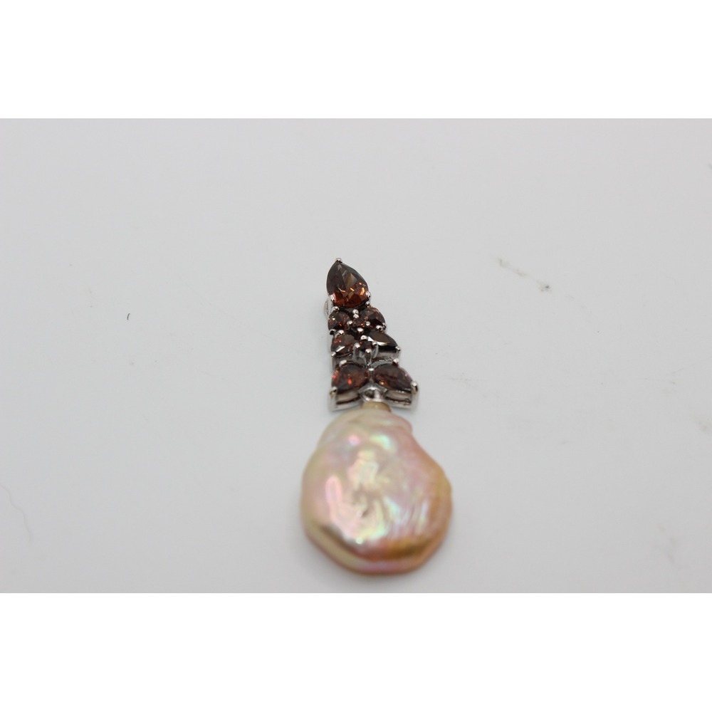 Sterling Silver 925 Baroque Coin Pearl & Brown Gemstone Cluster Pendant 1.5"